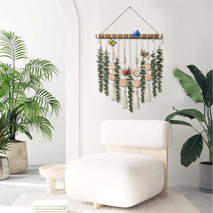 Artificial Eucalyptus Plant Green Leaves with Wooden Beads Garland Hanging Decoration for Wall Decoration,16.5" Fake Plants Bathroom Wall Decor,Kitchen Wall Decor