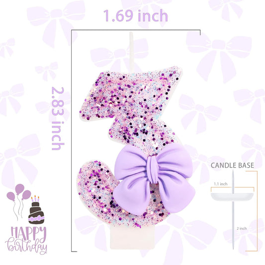 Birthday Candle for Cake, 3 Candle - Purple Glitter with Bowknot, 2.76 inch Cake Topper Decoration for 3 Years Old Birthday Party (Number 3)