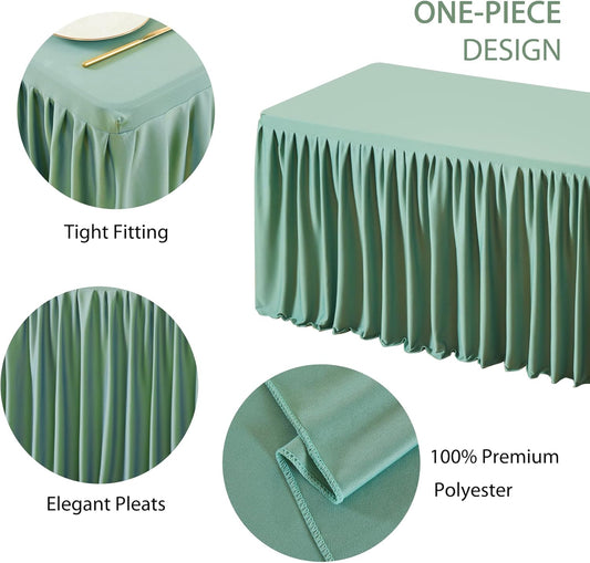 1 Pack Sage Green Rectangle Table Clothes for 8 Foot Tables, Polyester Wrinkle Free Fitted Tablecloths 8ft Stretch Table Cover with Skirt for Wedding Birthday Parties Trade Show Craft Show