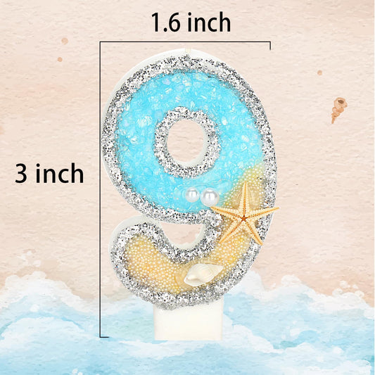 9th Birthday Candle for Cake, Beach Starfish Sequins Candles, 2.76 inch Cake Topper Decoration for Birthday Party (Number 9)