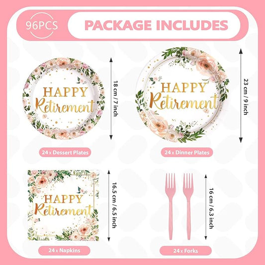 96Pcs Wildflower Retirement Party Decorations for Women Pink Gold Floral Teacher Retirement Plates and Napkins Sets Lady's Retired Decoration Favor for Goodbye Going Away Just Retired Party Serve 24