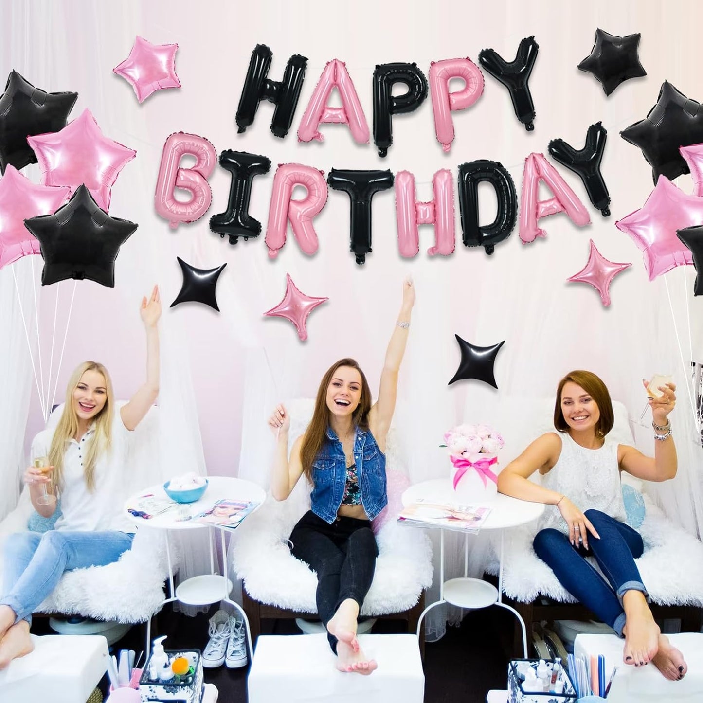 TONIFUL 35PCS Black Pink Happy Birthday Decorations Kit 16 Inch Happy Birthday Balloon Banner with Star Balloons Mylar Foil Birthday Party Decorations Supplies for Men Women Adults Girls Boys Kids