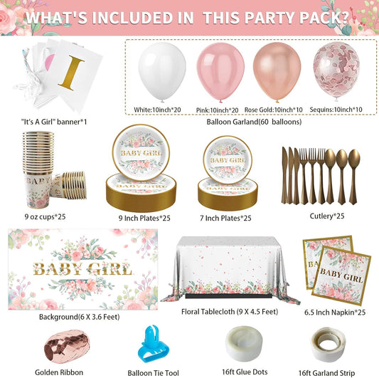 Baby Shower Decorations for Girl,242 PCS of Floral Girl Baby Shower Decorations Party Supplies with Background,Disposable Tableware(25 guests),"It's A Girl" Banner, Balloons Wreath and Tablecloth