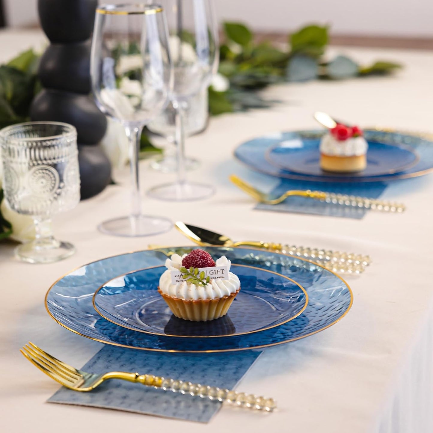 Lullaby 60Pcs Blue Gold Plastic Plates, Blue Disposable Plates With Gold Rim, Hammered Plastic Plates Include 30 Dessert Plate 10'', 30 Dinner Plate 7.5'' for Party, Birthdays and Wedding 