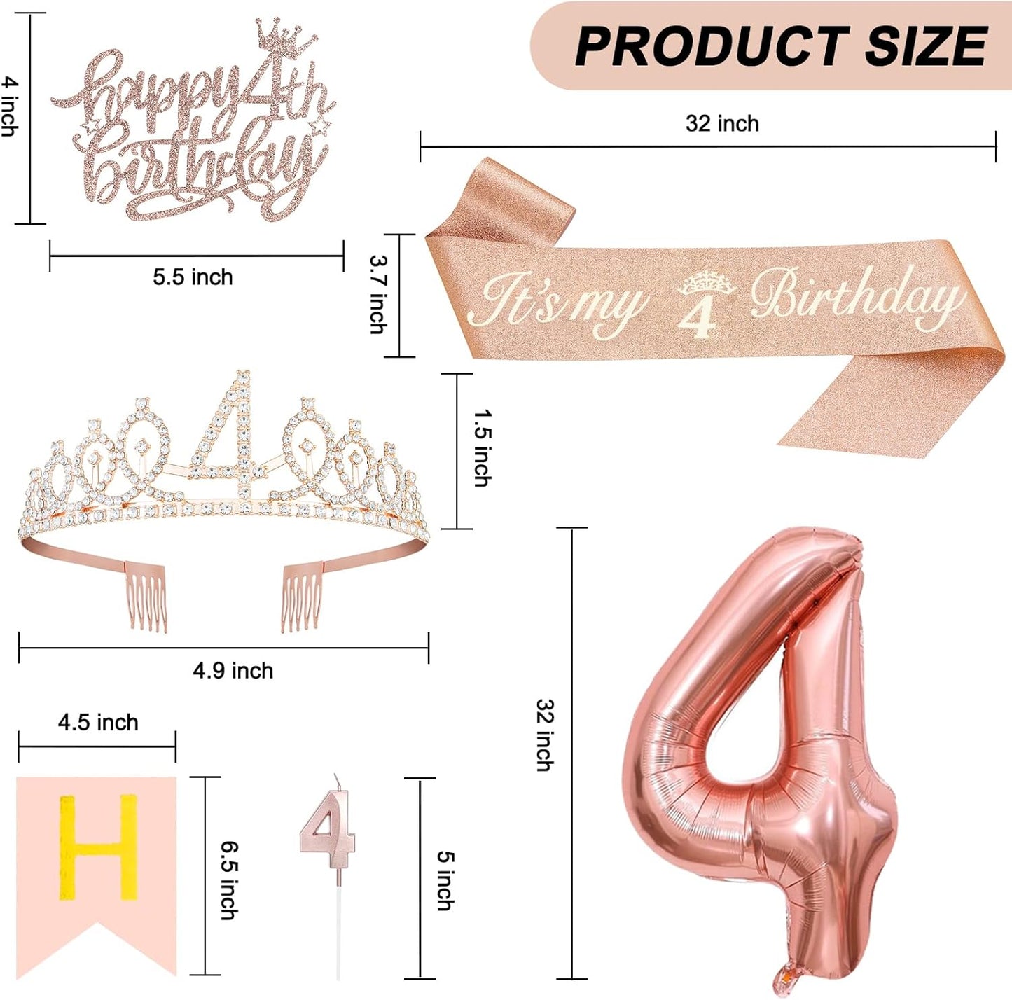 4th Birthday Decorations for Girls, Including 4th Tiara and Sash, Happy Birthday Banner, Cake Toppers, Number Candles and Balloons Set, Rose Gold