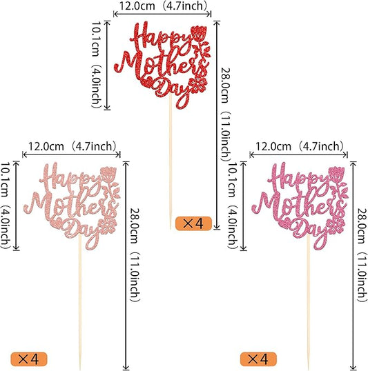 12 PCS Happy Mother's Day Centerpiece Sticks Double Sided Glitter Rose Love Best Mom Centerpieces for Happy Mother's Day Theme Table Flower Decorations Women Birthday Party Supplies Multi