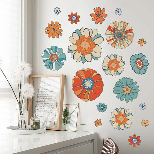 Supzone Boho Retro Floral Wall Decals Large Vintage Flower Wall Stickers Colorful Hippie Flower Wall Art Stickers for Bedroom, Living Room, Offices, Sofa, TV Backdrop Decoration