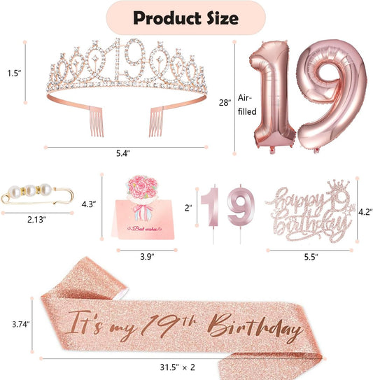 19th Birthday Decorations for Girl, 19th Birthday Sash and Crown, Cake Topper, Number Candles and Balloons, 19 Year Old Gifts for Girls