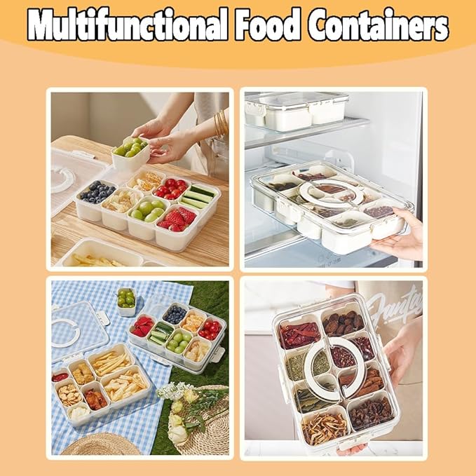 Snackle Box Container,8 Compartment Divided Serving Tray with Lid and Handle,6 Fruit Forks,Dishwasher Safe, BPA-Free,reusable snack containers with lids for Fruits,Nuts,Candy,Party,Picnic