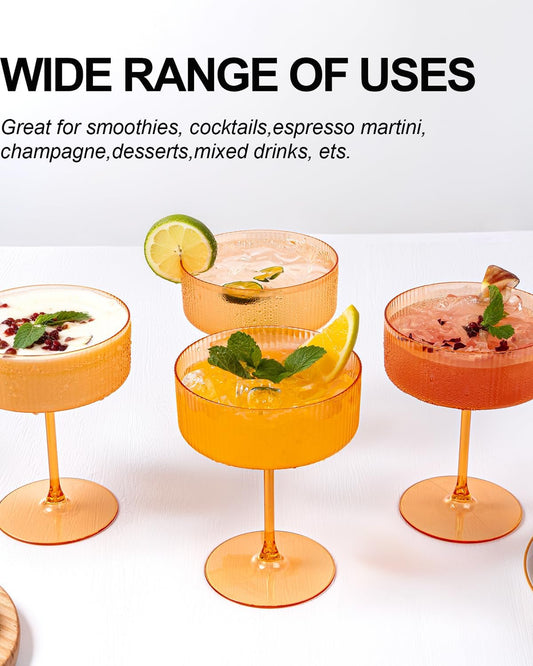 Ciaell 12PCS Plastic Ribbed Martini Glasses - 10 Oz Amber Disposable Coupe Glasses with Stem - Heavy Duty Margarita Cups for Bars, Cocktails, Whiskey, Parties & Wedding & Thanksgiving