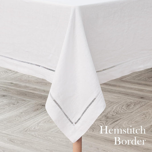 Linen World Hemstitch Linen Tablecloth,French Linen White Tablecloth 55" x 55" Inch,Washable Square Table Cloth for Dining,Outdoor,Weddings and Restaurants,Decorative Thanksgiving Christmas