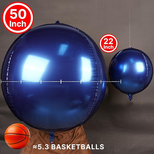 PartyWoo Navy Blue Foil Balloons 3pcs 50 Inch Large Round Foil Big Giant 4D Jumbo Inflatable Mirror Ball Mylar Balloons for Graduation Men Birthday Baby Shower Space Themed Party Decorations