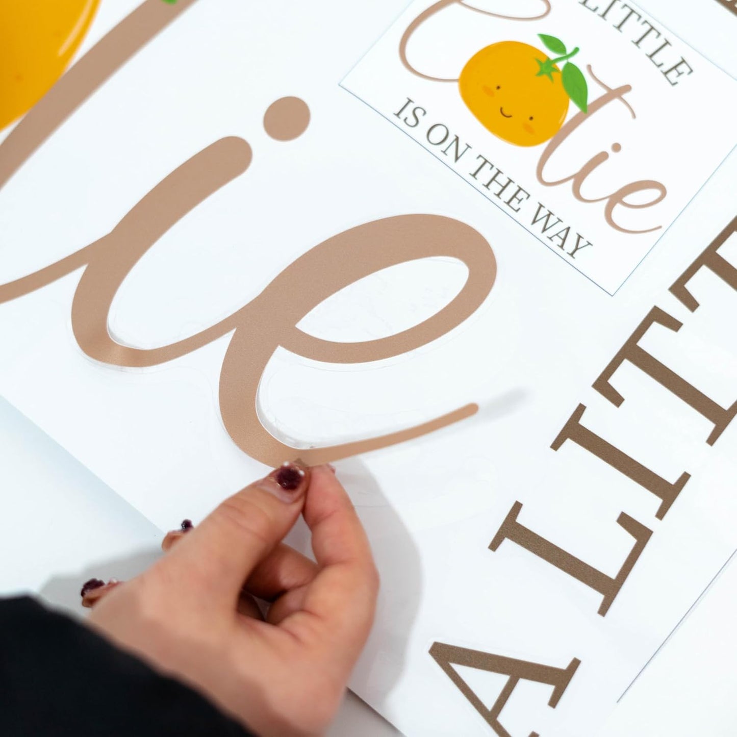 A Little Cutie is On The Way Decal - Orange Baby Shower, Birthday, Anniversary, Gender Reveal Party Decoration Supplies Wall Stickers, Orange Sign Balloon Arch and Party Backdrop Decor Decals