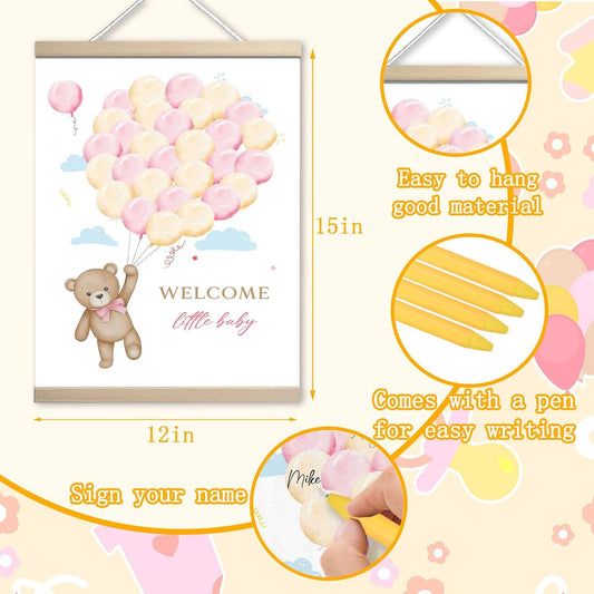 Bear Baby Shower Guest Book Party Ideas for Girl, Baby Shower Wall Sign, Centerpieces Supplies with Pen, Gender Reveal Party Decorations