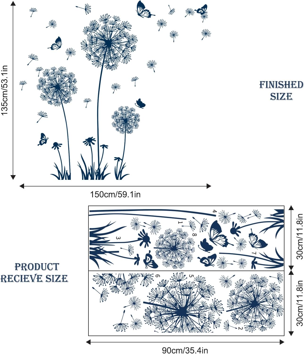 2 Sheets Dandelion Wildflower Wall Decals Art, Calcomanías para Pared Peel and Stick Floral Butterflies Flying Decor for Girls Kids Women Baby Nursery Bedroom Bathroom Sofa Backdrop TV Wall (Blue)