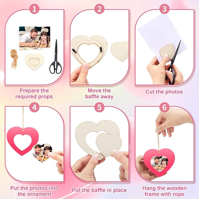 BreezeHug 36 Sets Heart Crafts DIY Picture Frames Kit Unfinished Wooden Photo Frame Ornament with Rope Mother's Day Party Decoration Art Gift for Classroom Exchange Home Favor Valentines Supplies