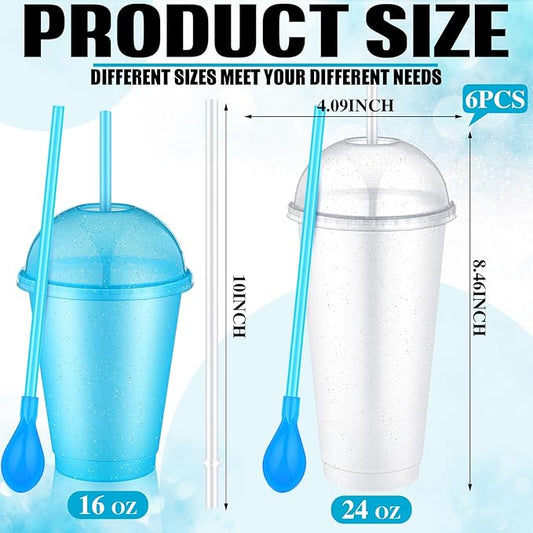 6 Set Slushie Cups with Dome Lids and Straws Detachable Spoon Straws Reusable Plastic Iced Coffee Cups Smoothie Tumbler for Birthdays Summer Party Supplies(Clear,24 oz)