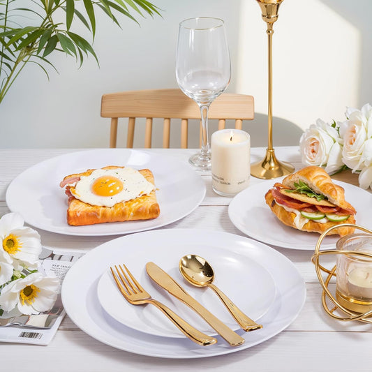 Nervure 100Pcs White Plastic Plates - 10.25inch Disposable White Dinner Plates - Heavy Duty Plastic Plate Ideal for Wedding & Party