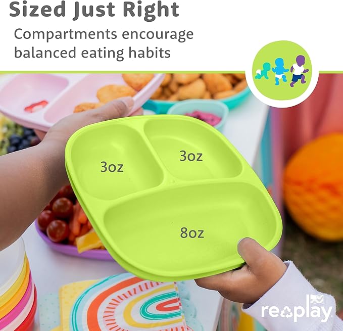 Re-Play Toddler Plates with Dividers - Deep-Walled 3 Compartments Divided Plates for Kids - Dishwasher & Microwave Safe - Made in USA - Set of 3-7.37" x 7.37" x 1.25" - Butterfly