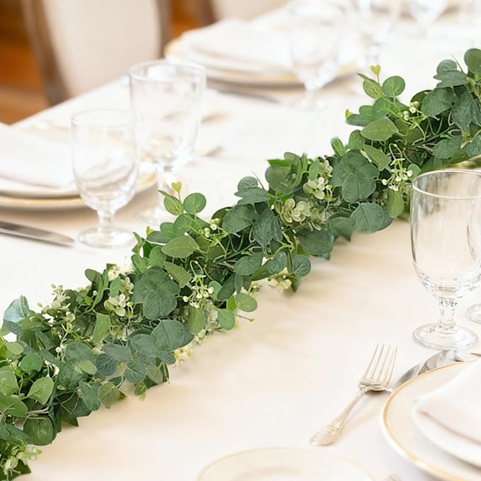 Artificial Eucalyptus Garland 5.9 Ft Faux Silk Leaf Silver Dollar Eucalyptus Leaves Vines Garland Greenery Wedding Backdrop Party Table Runner Room Mantle Indoor Outdoor Arch Wall Decoration (2PCS)