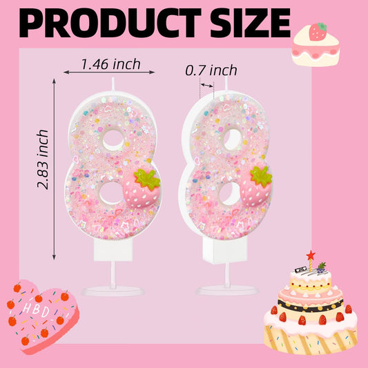 HXOUSE Strawberry Number 8 Birthday Candles - Pink Berry Birthday Candles for Cake, 8 Candle Topper for Anniversary Celebrations Supplies, Strawberry Party Decorations for Girl (No.8)