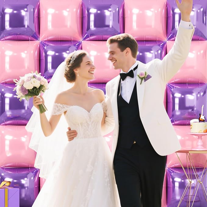 NISOCY 25PCS Pink Purple Square Foil Balloons Wall Backdrop Double Sided Purple Pink Balloons Arch Kit for Birthday Valentine's Day Engagement Bridal Shower Girls Theme Party Decorations