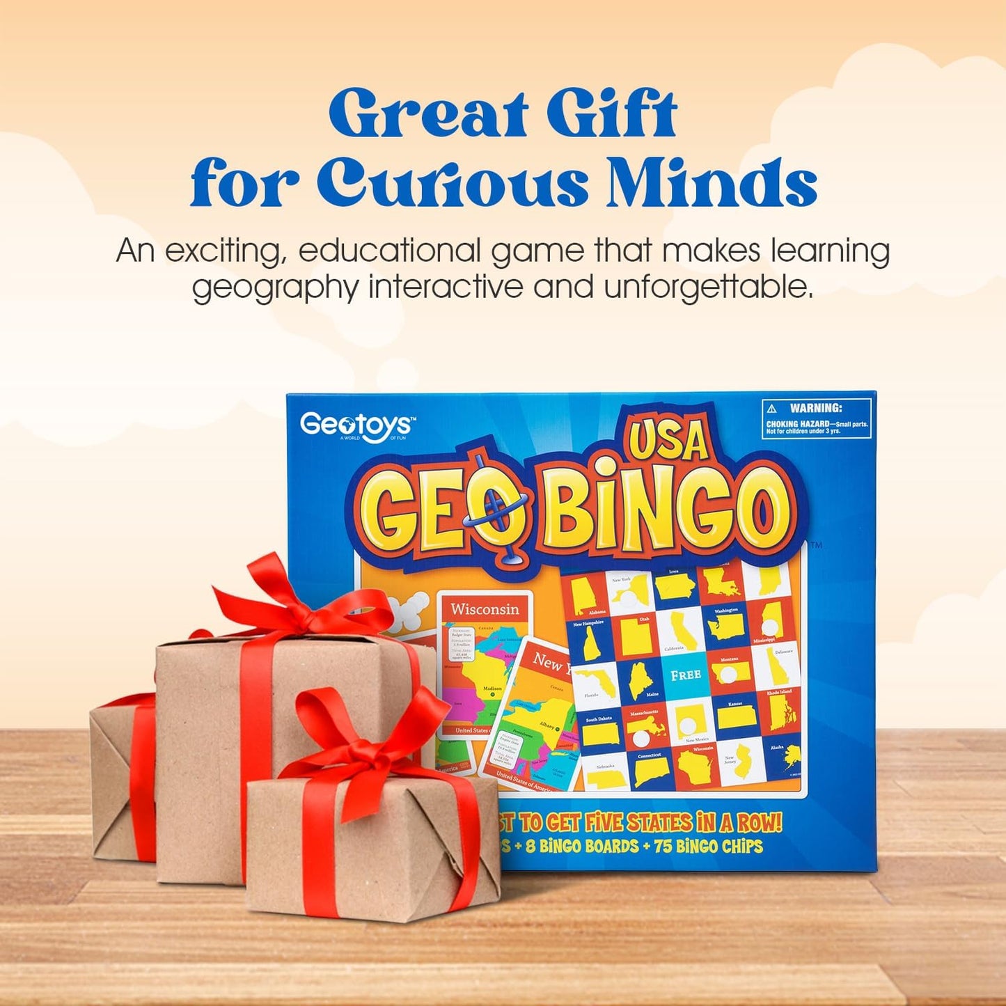 GeoToys GeoBingo, USA Bingo for Kids, Geography Game for Home, School or Camp - Fun Bingo Games for Family, Play & Learn States and Capitals of the USA, Bingo Game for Kids Ages 4 and Up
