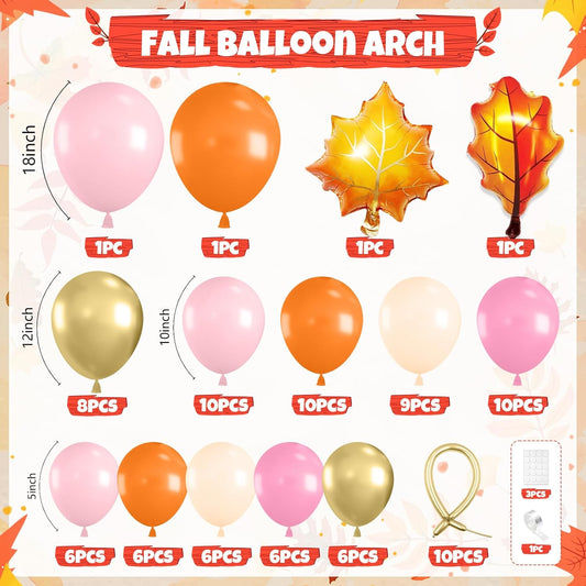 Fall Balloon Arch Kit, Thanksgiving Balloon Garland with Hot Pink Orange Gold Balloons with Leaf Foil Balloons for Thanksgiving Autumn Fall Birthday Baby Shower Party Decorations