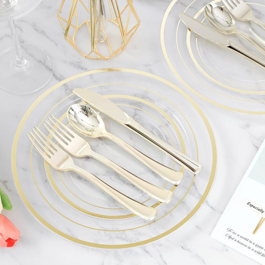 BESTVIP 300PCS Clear Gold Plastic Plate Set (50 Guests), Disposable Dinnerware Set for Party, Wedding, Birthday - 100 Plates, 100 Forks, 50 Spoons, 50 Knives for Christmas, Thanksgiving