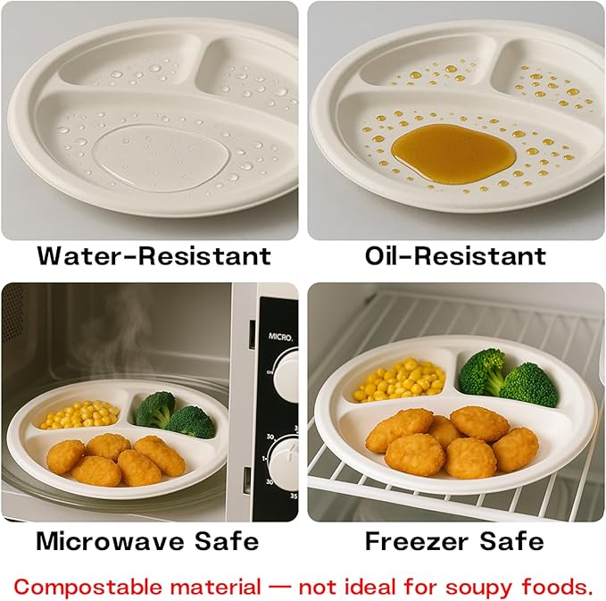 9 Inch 3 Compartment Paper Plates 【White 150 Pack】, Compostable Divided Plates, 100% Sugarcane Bagasse, Heavy Duty Disposable Plates for Lunch, Salad, BBQ, Picnic
