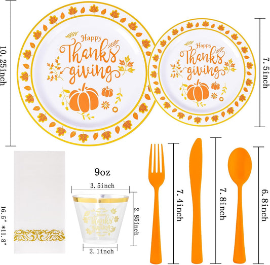 Supernal 175pcs Thanksgiving Dinnerware Set Gold Plastic Dinnerware Set Include Disposable Utensils,Gold Plastic Cups and Napkin,Disposable Dinner Plate and Dessert Plste Set for Thanksgiving