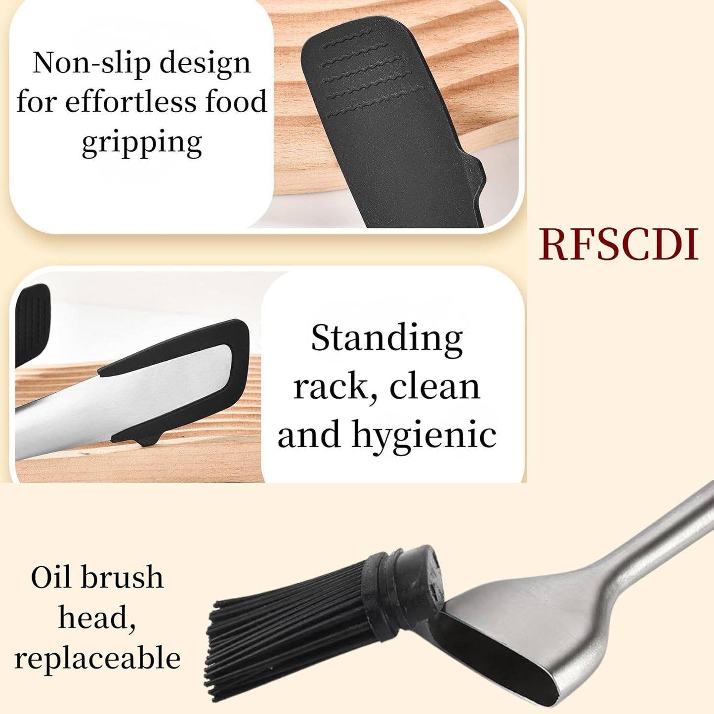 Heat-Resistant Kitchen Tongs and Basting Brush Set - 600℉ Stainless Steel Cooking Tongs with Metal Locking Mechanism - Ideal for Cooking, Grilling Steak, Baking Bread, and BBQ,(Silver 2Pcs)