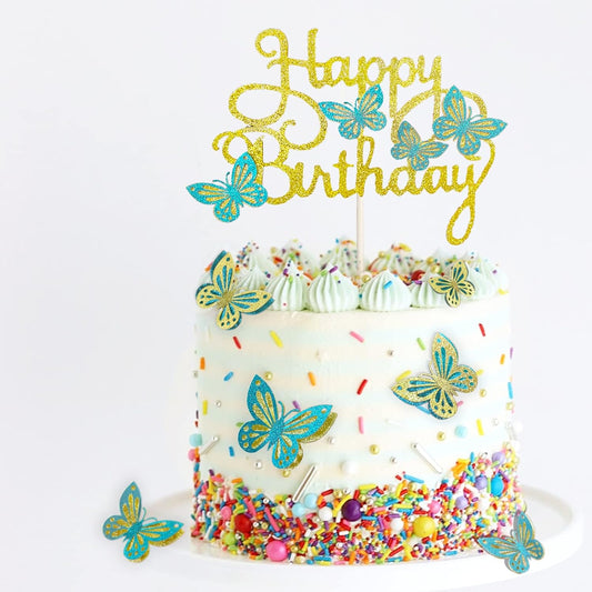 13 Pieces Green Gold Butterfly Cake Toppers 3D Butterfly Cupcake Topper for Girls