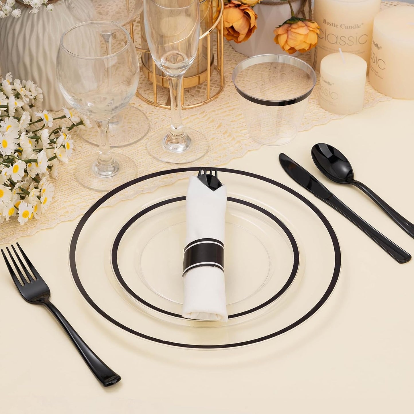 175PCS Clear and Black Disposable Plates Set for 25 Guests, 50 Plastic Plates, 25 Cups, 25 Pre-Rolled Napkins with Plastic Cutlery for Party, Birthday, Wedding, Thanksgiving, Christmas