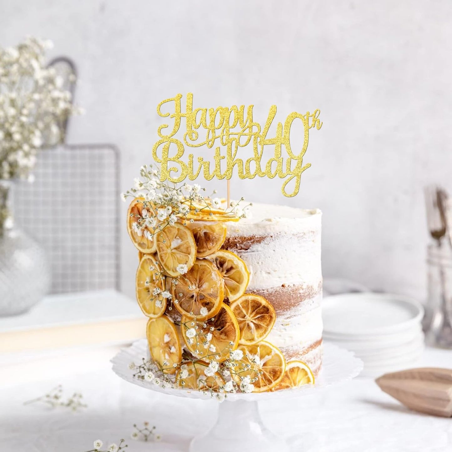 1 PCS Happy 40th Birthday Cake Topper Gold Glitter Cheers to 40 Years Birthday Cake Pick 40 Fabulous Cake Decoration for Happy 40th Birthday Anniversary Party Decorations Supplies