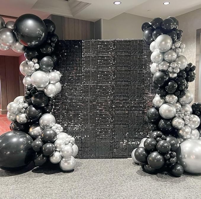Black and Silver Balloons Garland Arch Kit with Stars 200Pcs - 5 10 12 18 22 inch Balloon and Confetti Balloons for 2025 Graduation New Year Anniversary Birthday Disco Theme Party Decorations