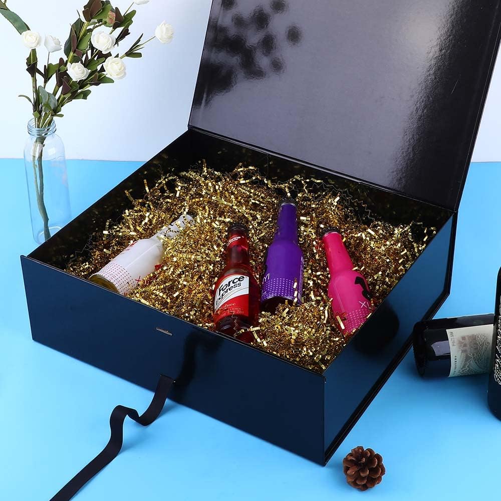 Extra Large Black Gift Box 16x14x5.3 Inches, Big Gift Box with Ribbon, Gift Box with Lid Magnetic Closure, Groomsman Proposal Box, Rectangle Collapsible Gift Boxes for Clothes (Glossy Black)
