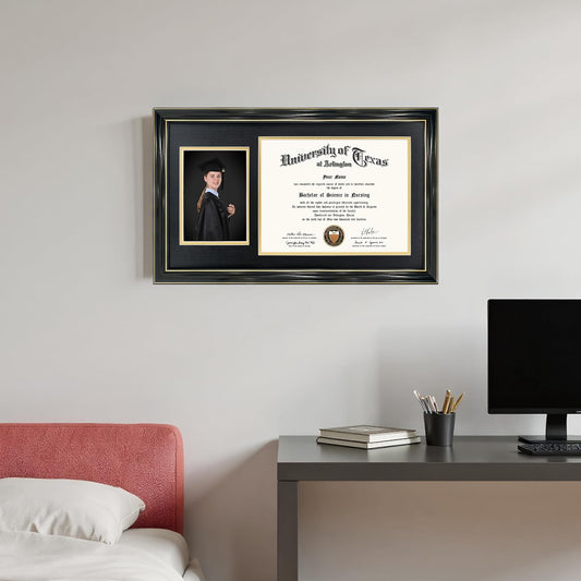 GraduationMall 11x19 Black Diploma and Photo Frame for 8.5x11 Certificate,5x7 Picture,Tempered Glass,Black over Gold Double Mat