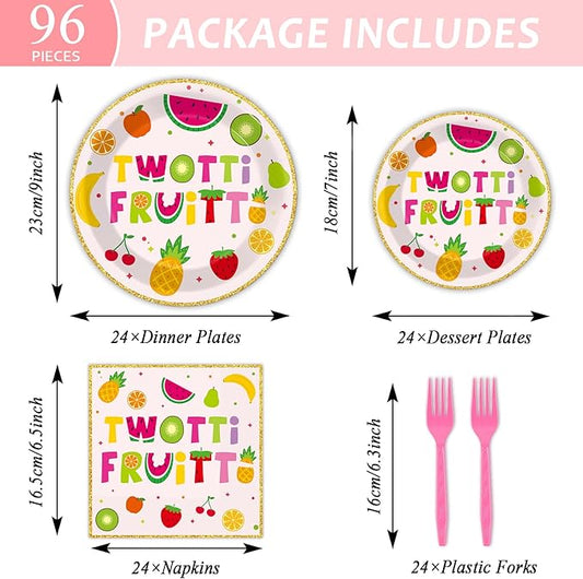 OBUSATT 96Pcs Twotti Frutti Party Supplies Summer Fruit 2nd Birthday Paper Plates Napkins Fruit Party Decorations Lemon Watermelon Pineapple Strawberry Dinnerware Favor Tableware Serves 24