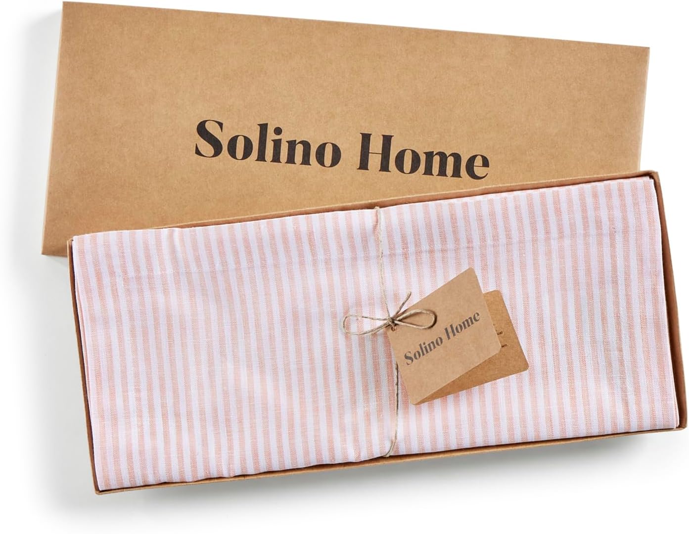 Solino Home Linen Table Runner 120 Inches Long - Narrow Stripe, 100% Pure Linen Peach and White Table Runner 14 x 120 Inch for Dining