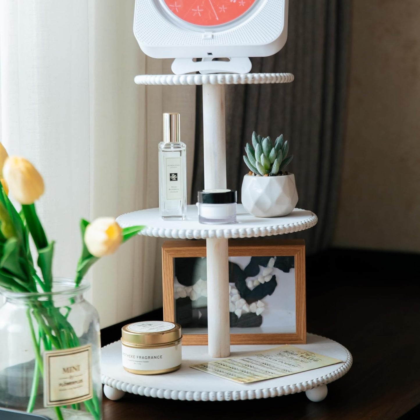 3-Tiered Cupcake Stand, White Wooden Beaded Cupcake Tower for Home Decoration, Farmhouse Cake Stand 3-Tiered Tray for Display Birthday Wedding Baby Shower Tea Party Decor