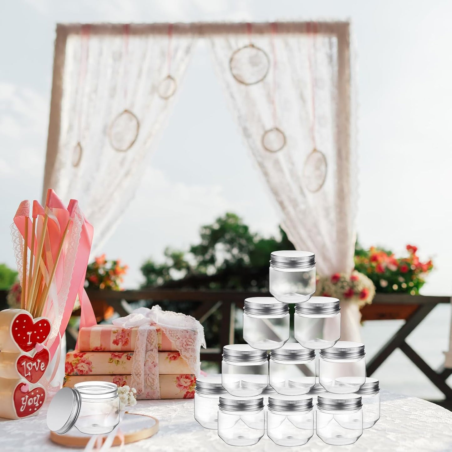 Tanlade 60 Pcs 3 oz Clear Plastic Jars with Lids Wide Mouth Mason Jars Mini Storage Containers Bulk for Herb Jelly Wedding Valentine Favors Shower Party Favors(Silver)
