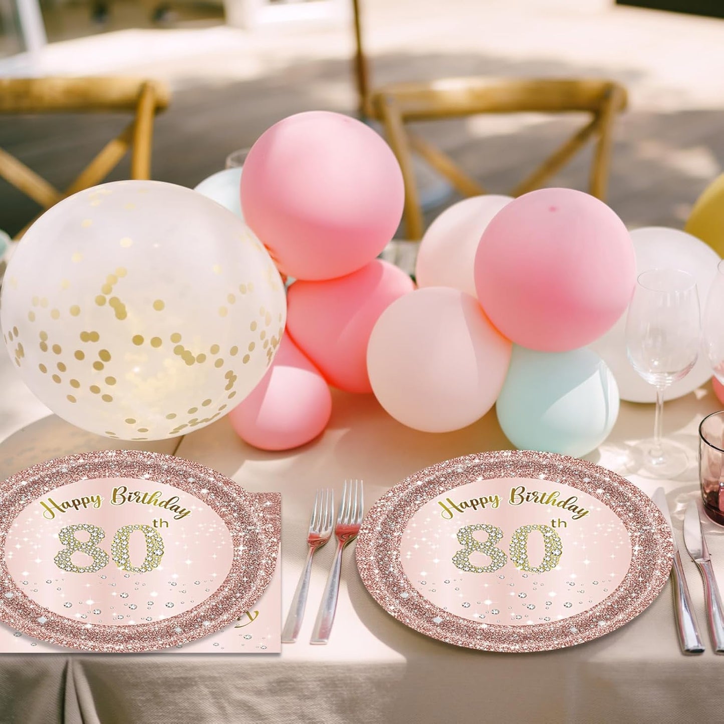 80th Birthday Decorations, Rose Gold Birthday Party Supplies Include 20Pcs Plates 20Pcs Napkins Sweet Eighty Year Old Party Tableware for Girl Ladies Women