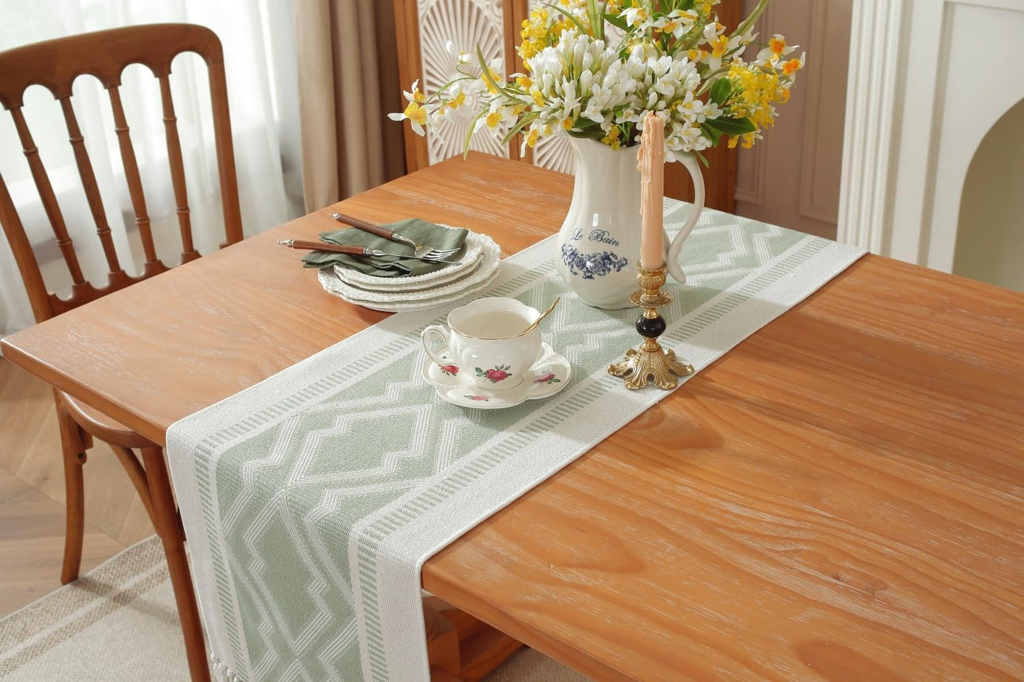 Boho Table Runner , Natural Cotton Woven Aqua Runner,for Modern Farmhouse Decor, with Tassels for Home Dining Table Decor 14 x 90 Inch Long
