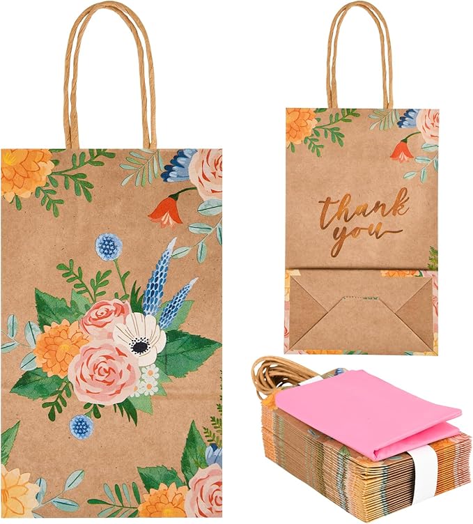 DjinnGlory 50 Pack Small Brown Kraft Gift Bags with Handles and Pink Tissue Paper for Birthday Wedding Baby Shower Party Favors, Thank You Floral Bags for Valentine's Mother's Day (9x5.5x3.15 Inch)