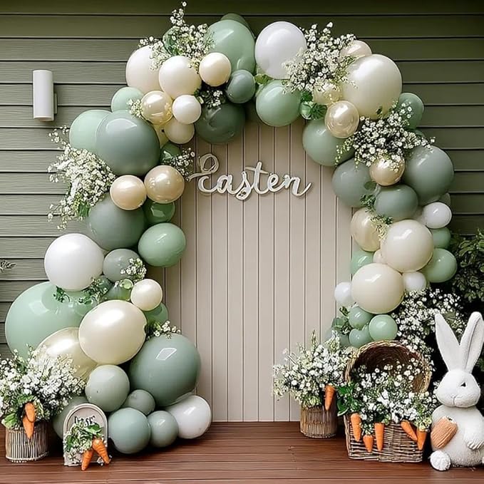 Sage Green White Balloon Garland, Double Stuffed Dusty Green Sand White Pearl Balloons Pastel Balloon Arch Kit for Baby Shower Birthday Bridal Wedding Gender Reveal Easter Party Decorations