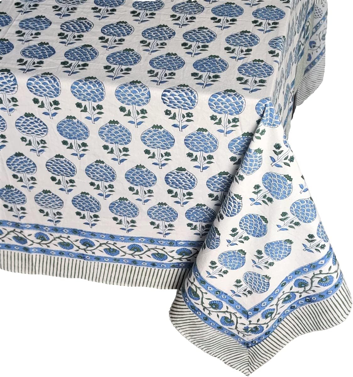 ATOSII Roma Blue 100% Cotton Boho Rectangle Fall Tablecloth, Handblock Floral Print Table Linen for Kitchen Dining I Parties, Outdoors, Weddings, Christmas, Thanksgiving I 72 X 120 Inches I 10 Seater