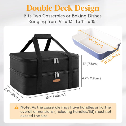 LUNCIA Double Decker Insulated Casserole Carrier for Hot or Cold Food, Lasagna Holder Tote for Potluck Parties/Picnic/Cookouts, Fits 9"x13" Baking Dish, Black