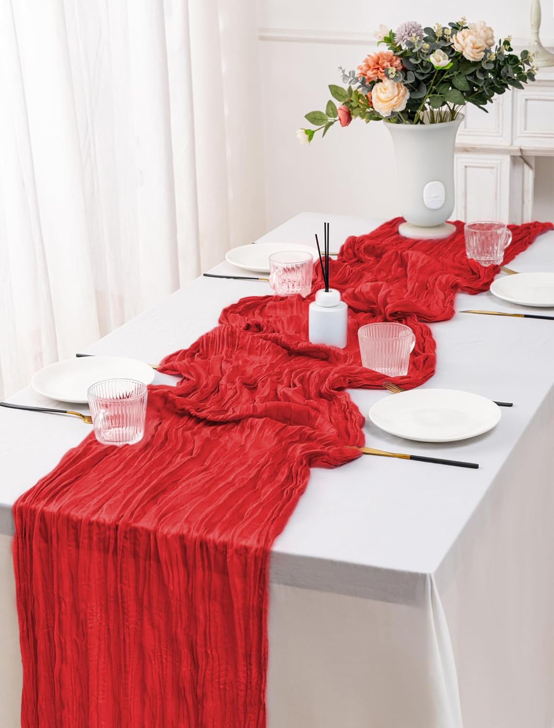 12 Pack Red Table Runner 10FT Cheesecloth Table Runner 21 x 120 inch Boho Gauze Cheese Cloth Table Runner Rustic Sheer Table Runner for Party Wedding Bridal Baby Shower Birthday Table Decor