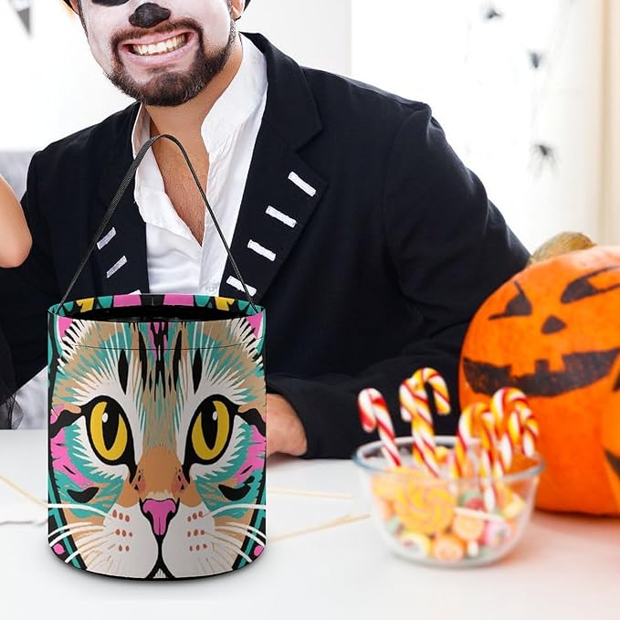 Halloween Candy Bucket - Exotic Cat Pattern Trick Or Treat Candy Bag, Gift Bag for Party Favor Supplies